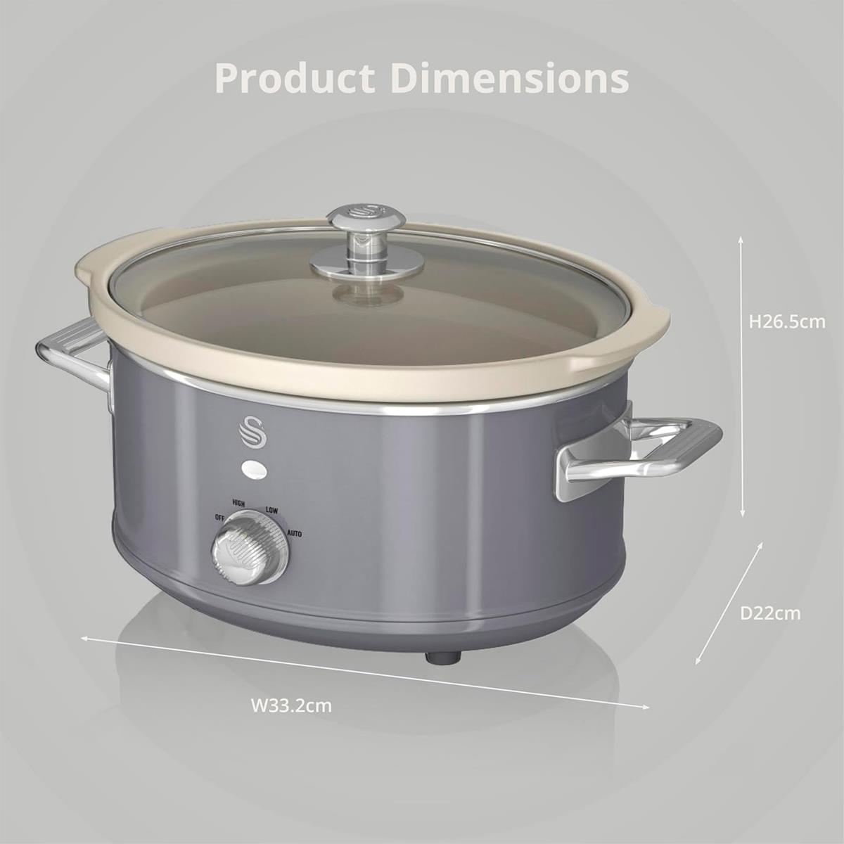 Swan Retro Slow Cooker 3.5L 200W With 3 Heat Settings Keep Warm Removable Ceramic Pot Grey - Image 3