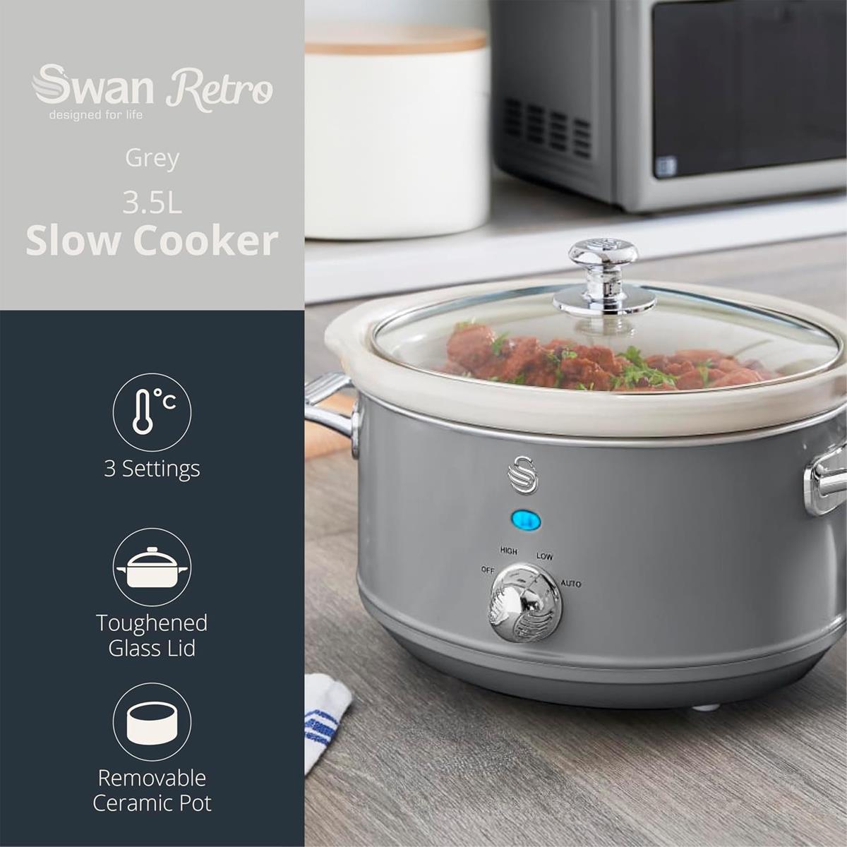 Swan Retro Slow Cooker 3.5L 200W With 3 Heat Settings Keep Warm Removable Ceramic Pot Grey - Image 4