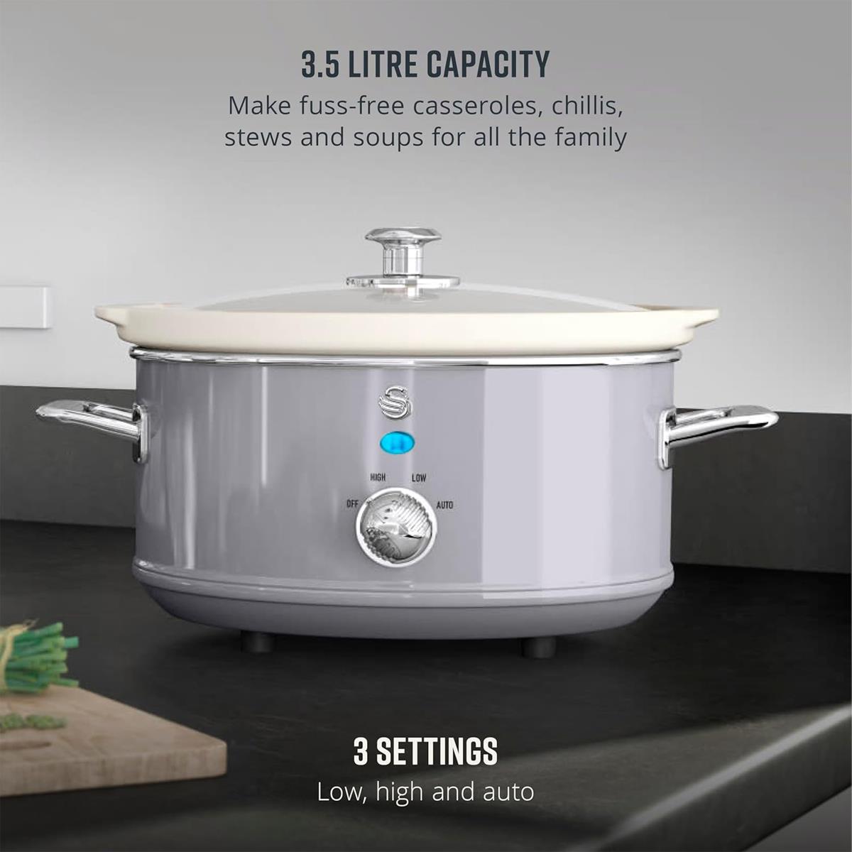 Swan Retro Slow Cooker 3.5L 200W With 3 Heat Settings Keep Warm Removable Ceramic Pot Grey - Image 5