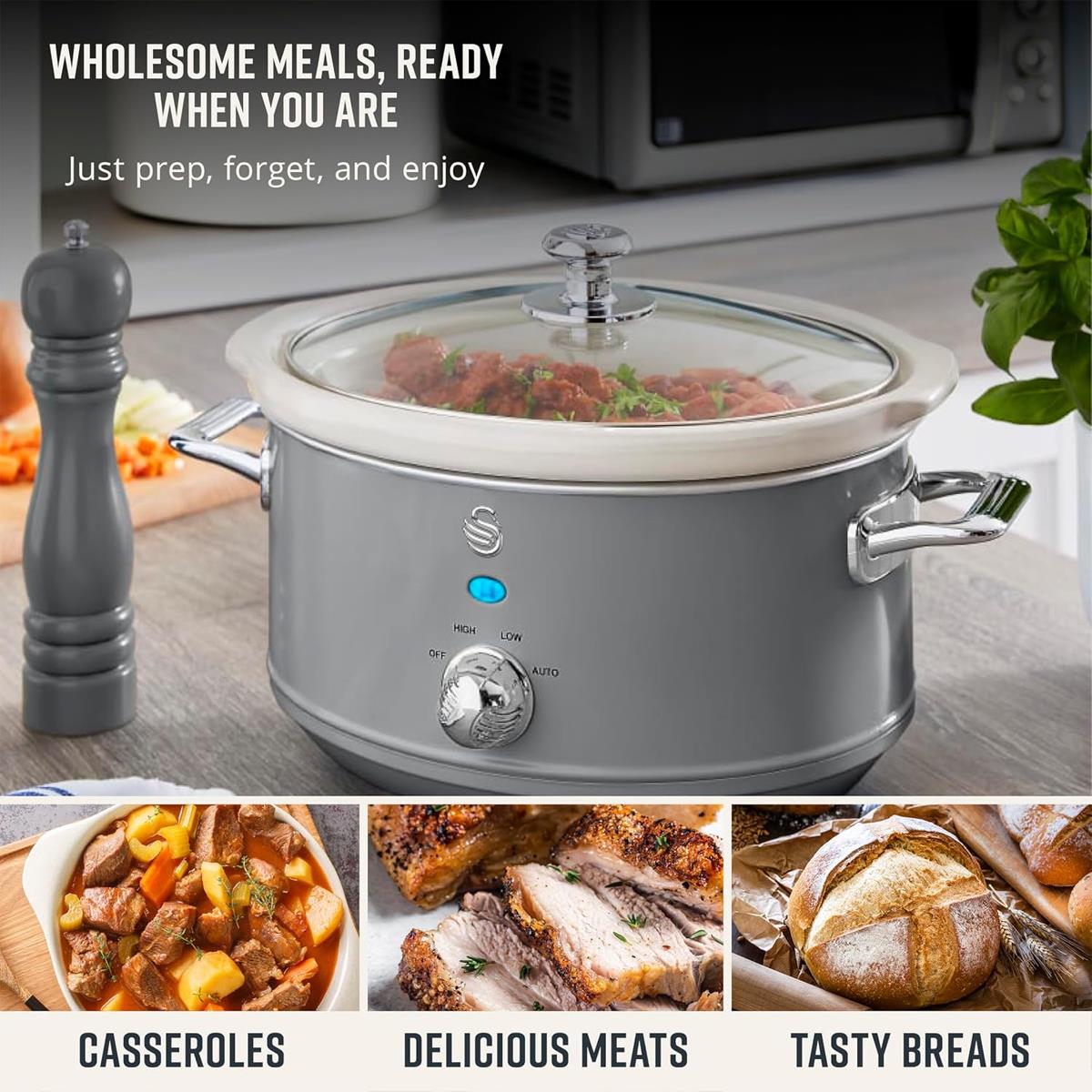 Swan Retro Slow Cooker 3.5L 200W With 3 Heat Settings Keep Warm Removable Ceramic Pot Grey - Image 6