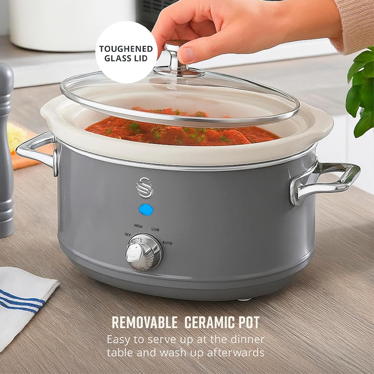 Swan Retro Slow Cooker 3.5L 200W With 3 Heat Settings Keep Warm Removable Ceramic Pot Grey - Image 7