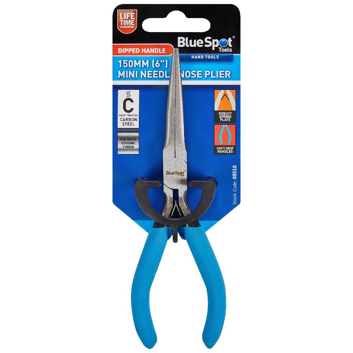 Blue Spot Tools Mini Needle Nose Pliers Soft Grip Carbon Steel Auto-Opening Jaws Blue 115mm