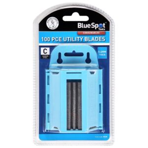 Blue Spot Tools 100 Piece Utility Knife Blades 0.6mm High Carbon Steel Heavy Duty Dispenser Blue/Silver