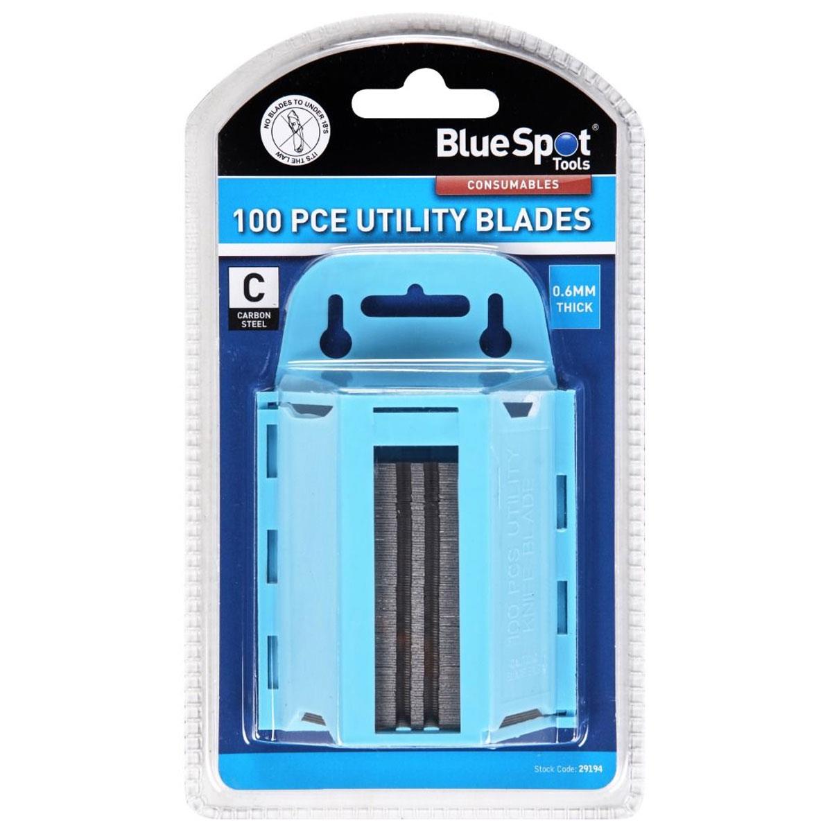 Blue Spot Tools 100 Piece Utility Knife Blades 0.6mm High Carbon Steel Heavy Duty Dispenser Blue/Silver