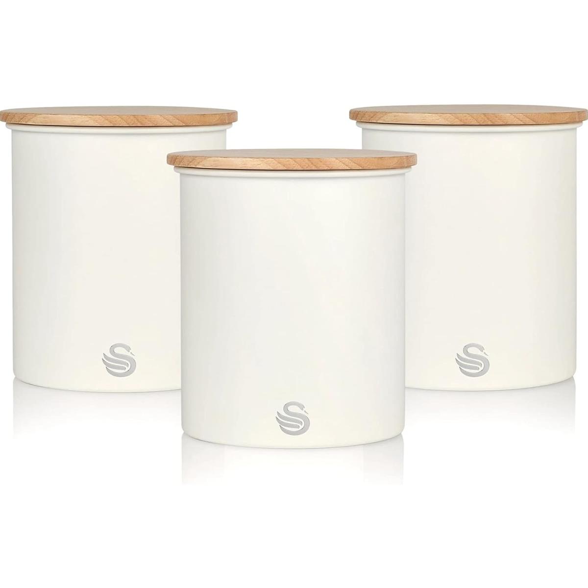 Swan Nordic Set Of 3 Storage Canisters 0.846L Each Carbon Steel Bamboo Lids Airtight Tea Coffee Sugar Cotton White