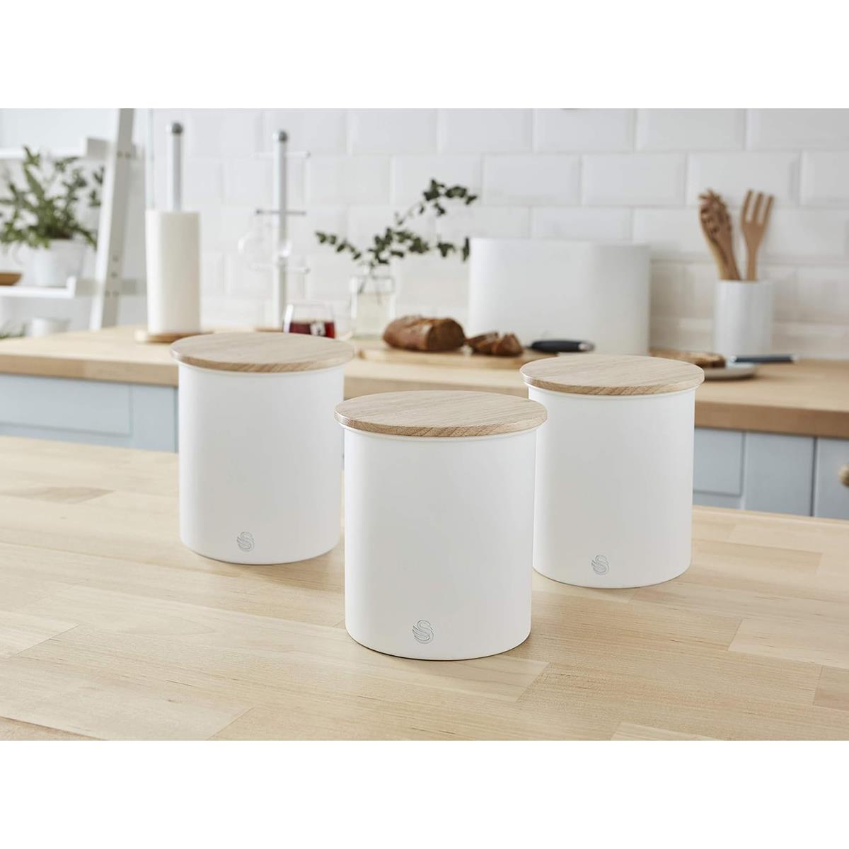 Swan Nordic Set Of 3 Storage Canisters 0.846L Each Carbon Steel Bamboo Lids Airtight Tea Coffee Sugar Cotton White - Image 2