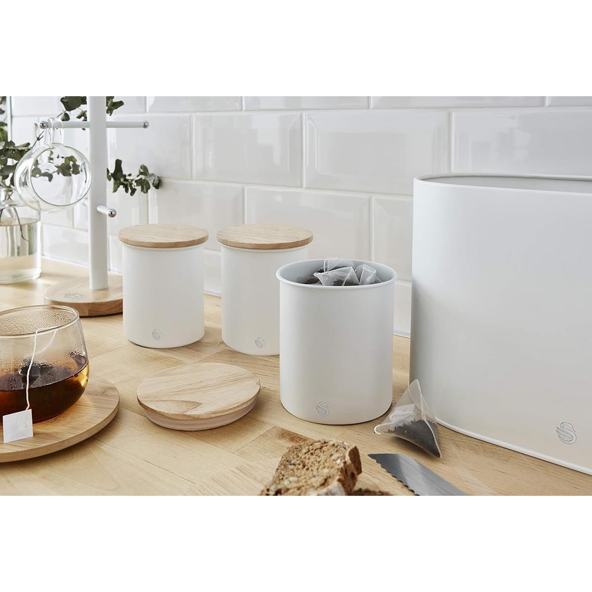 Swan Nordic Set Of 3 Storage Canisters 0.846L Each Carbon Steel Bamboo Lids Airtight Tea Coffee Sugar Cotton White - Image 4