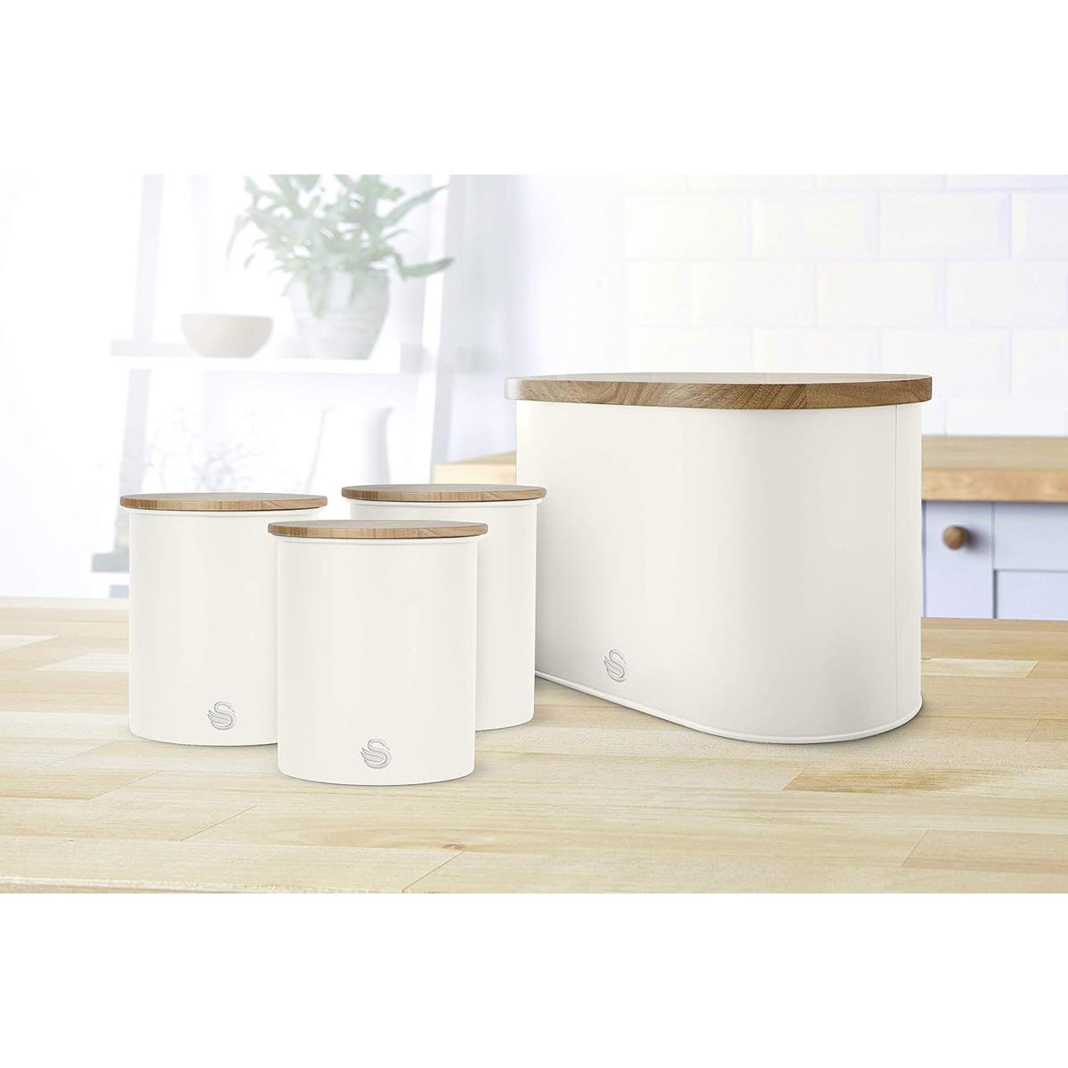 Swan Nordic Set Of 3 Storage Canisters 0.846L Each Carbon Steel Bamboo Lids Airtight Tea Coffee Sugar Cotton White - Image 5