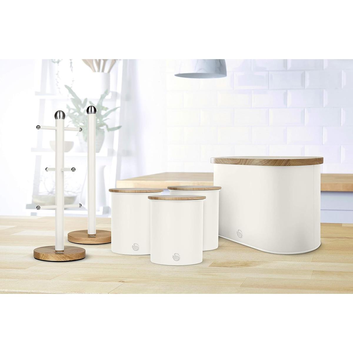 Swan Nordic Set Of 3 Storage Canisters 0.846L Each Carbon Steel Bamboo Lids Airtight Tea Coffee Sugar Cotton White - Image 6