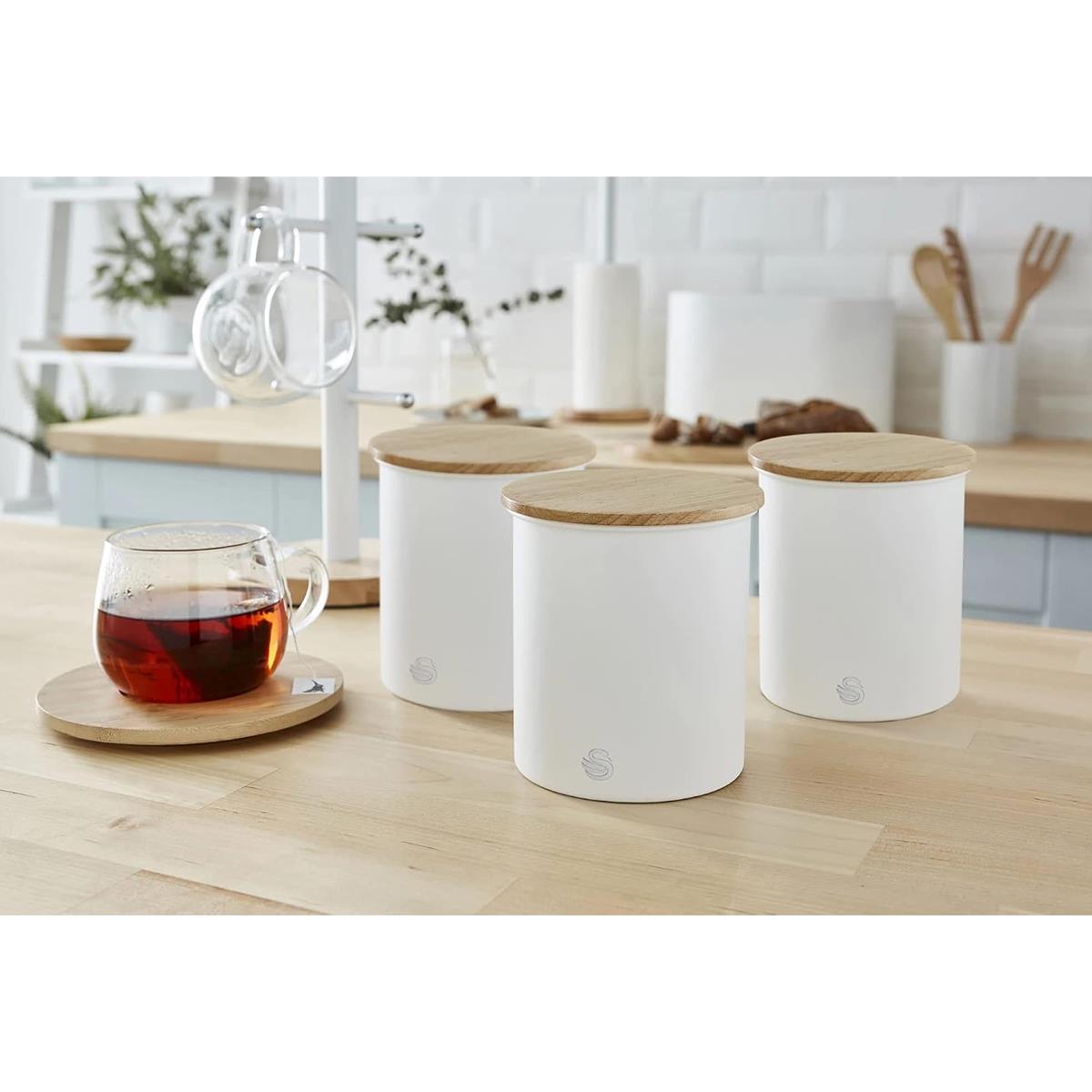 Swan Nordic Set Of 3 Storage Canisters 0.846L Each Carbon Steel Bamboo Lids Airtight Tea Coffee Sugar Cotton White - Image 7