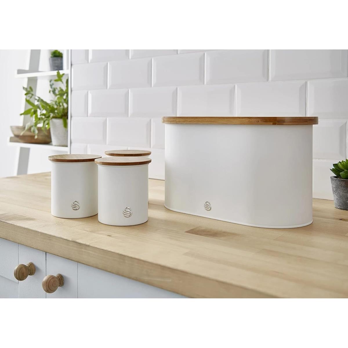 Swan Nordic Set Of 3 Storage Canisters 0.846L Each Carbon Steel Bamboo Lids Airtight Tea Coffee Sugar Cotton White - Image 8