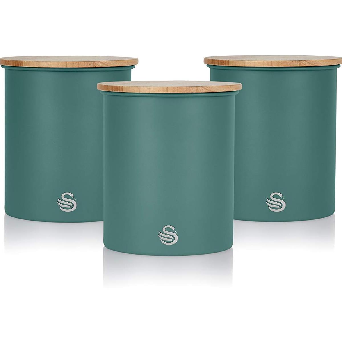 Swan Nordic Set Of 3 Storage Canisters 0.846L Each Carbon Steel Bamboo Lids Airtight Tea Coffee Sugar Pine Green