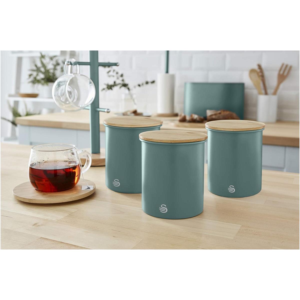 Swan Nordic Set Of 3 Storage Canisters 0.846L Each Carbon Steel Bamboo Lids Airtight Tea Coffee Sugar Pine Green - Image 2