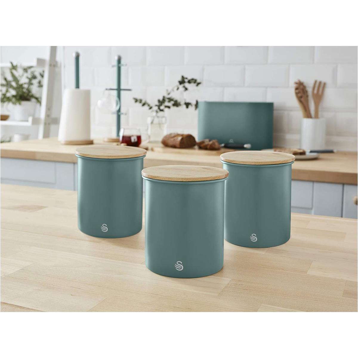 Swan Nordic Set Of 3 Storage Canisters 0.846L Each Carbon Steel Bamboo Lids Airtight Tea Coffee Sugar Pine Green - Image 4