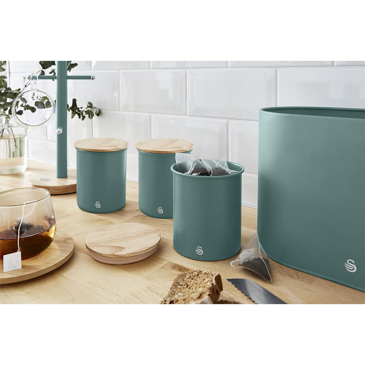 Swan Nordic Set Of 3 Storage Canisters 0.846L Each Carbon Steel Bamboo Lids Airtight Tea Coffee Sugar Pine Green - Image 7