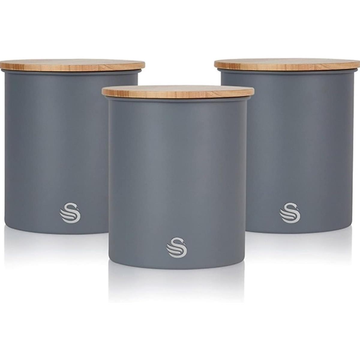 Swan Nordic Set Of 3 Storage Canisters 0.846L Each Carbon Steel Bamboo Lids Airtight Tea Coffee Sugar Slate Grey