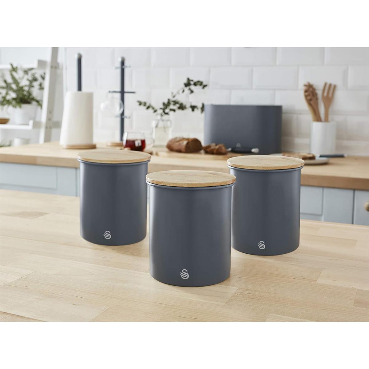 Swan Nordic Set Of 3 Storage Canisters 0.846L Each Carbon Steel Bamboo Lids Airtight Tea Coffee Sugar Slate Grey - Image 2