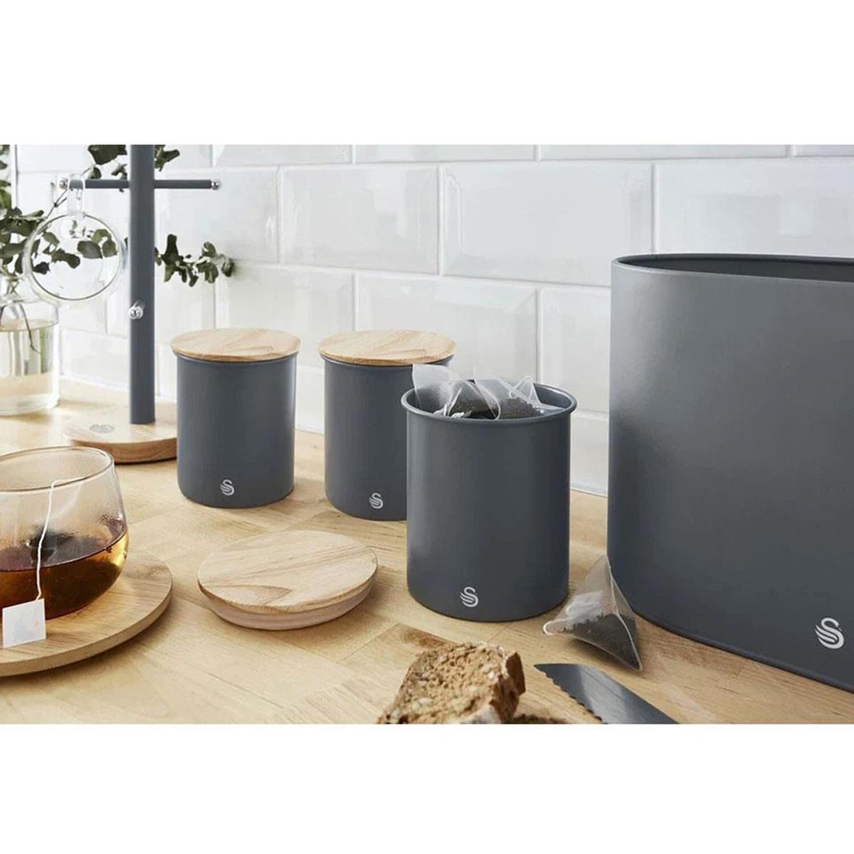Swan Nordic Set Of 3 Storage Canisters 0.846L Each Carbon Steel Bamboo Lids Airtight Tea Coffee Sugar Slate Grey - Image 4