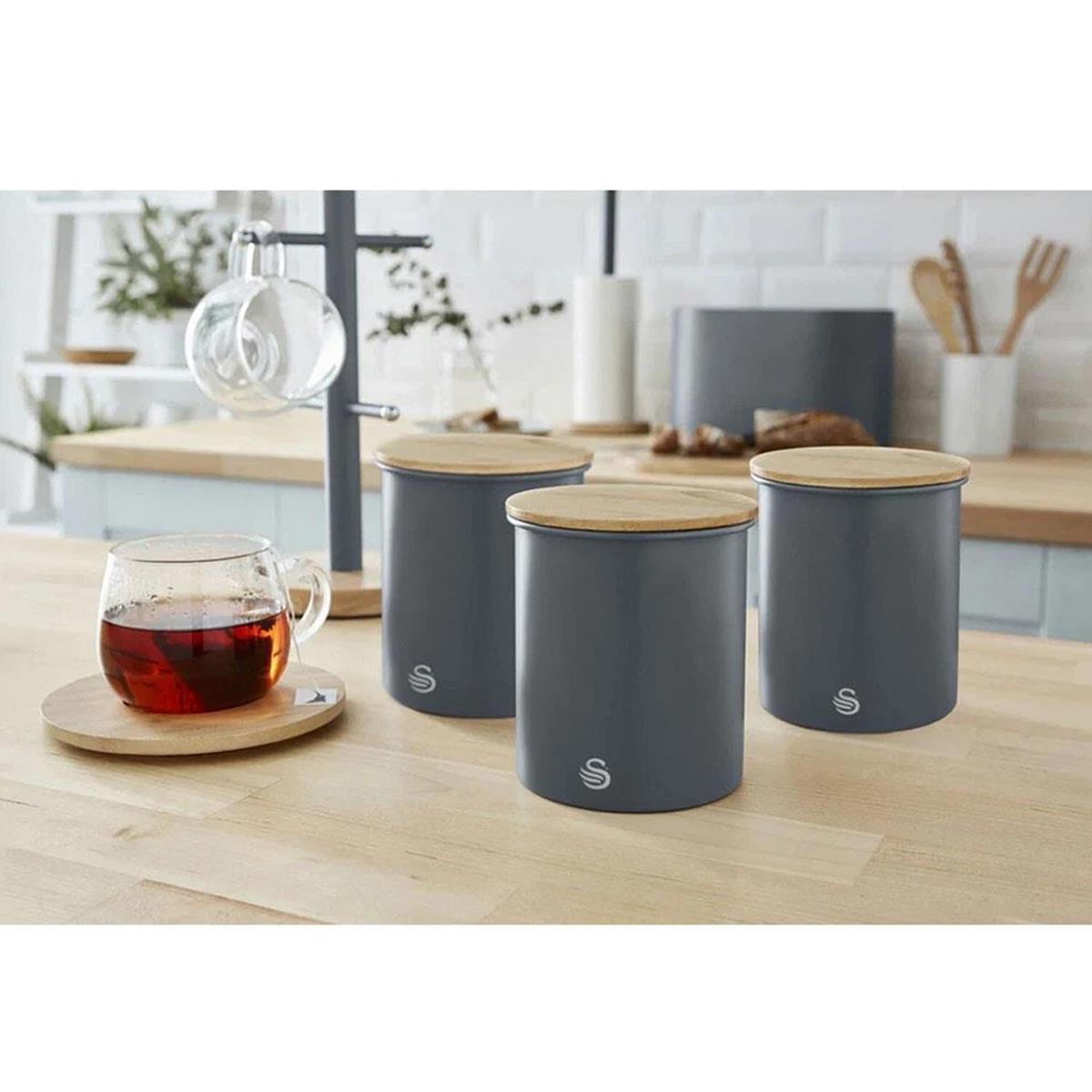 Swan Nordic Set Of 3 Storage Canisters 0.846L Each Carbon Steel Bamboo Lids Airtight Tea Coffee Sugar Slate Grey - Image 5