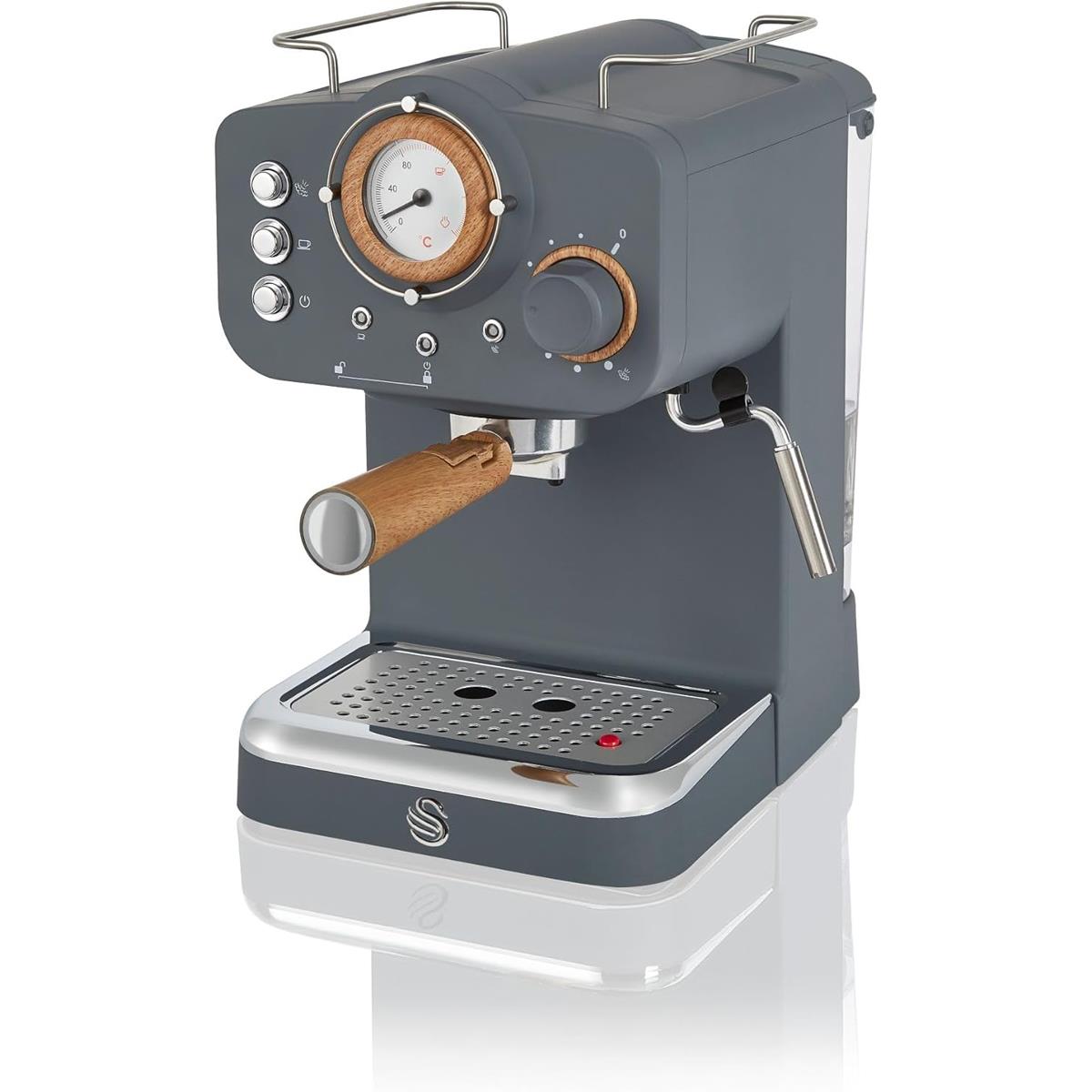 Swan Nordic Espresso Coffee Machine 1100W 15 Bar 1.2L Tank Milk Frother ESE Pods And Ground Coffee Slate Grey