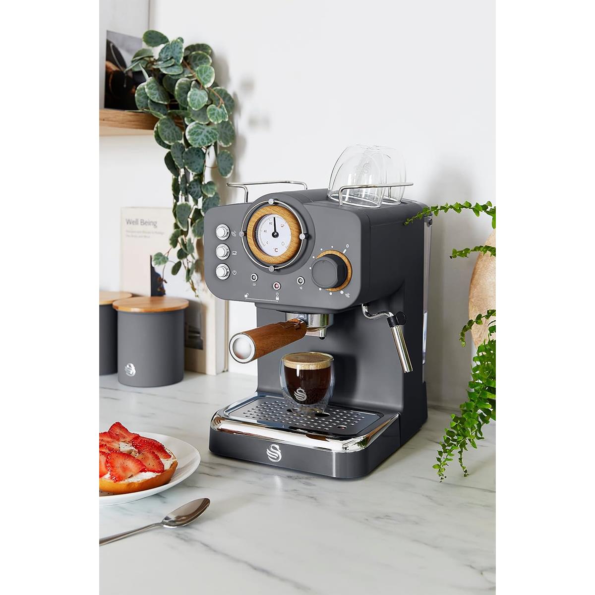 Swan Nordic Espresso Coffee Machine 1100W 15 Bar 1.2L Tank Milk Frother ESE Pods And Ground Coffee Slate Grey - Image 2