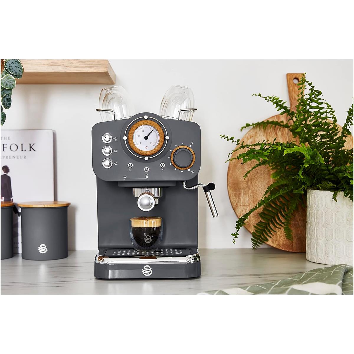 Swan Nordic Espresso Coffee Machine 1100W 15 Bar 1.2L Tank Milk Frother ESE Pods And Ground Coffee Slate Grey - Image 3