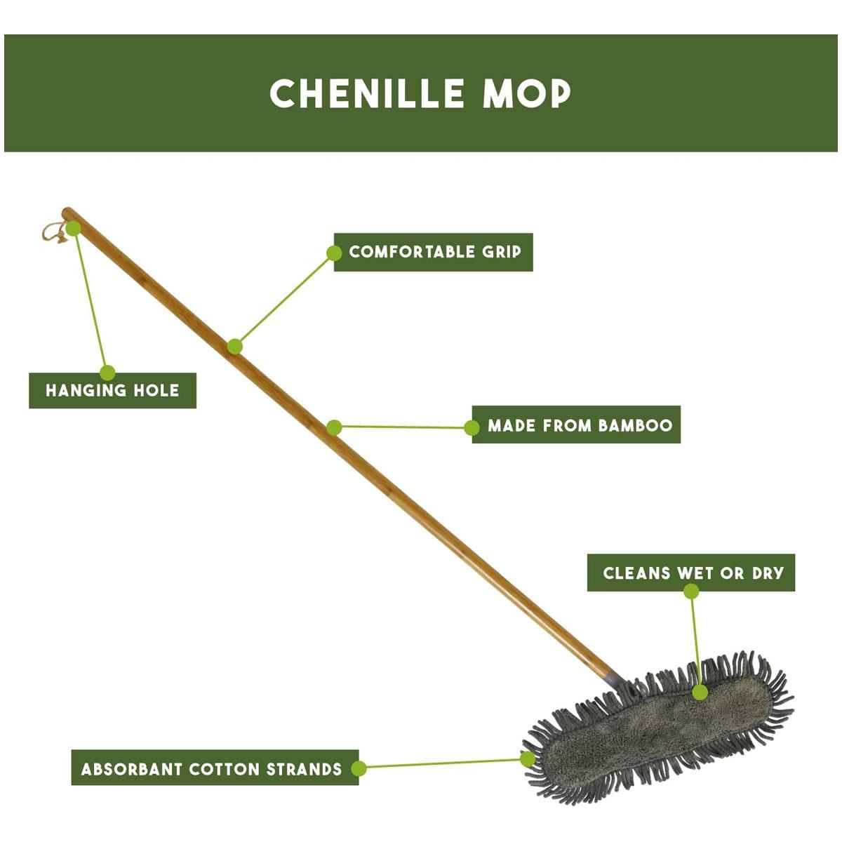 JVL Bamboo Chenille Flat Floor Mop Natural Wood Handle 118cm Swivel Head 37cm - Image 3