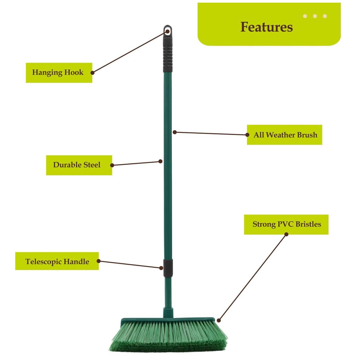 JVL Outdoor Hard Bristle Broom with Telescopic Adjustable PVC Handle Green 97-160cm - Image 4