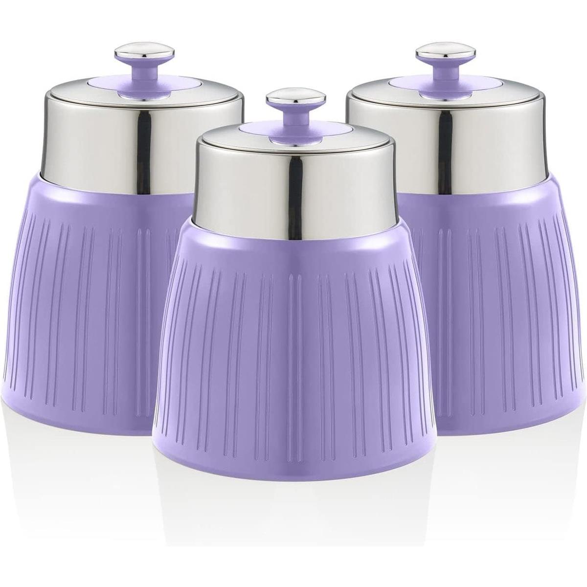 Swan Retro Set Of 3 Storage Canisters 1.2 Litre Each Airtight Lids Purple Chrome Accents