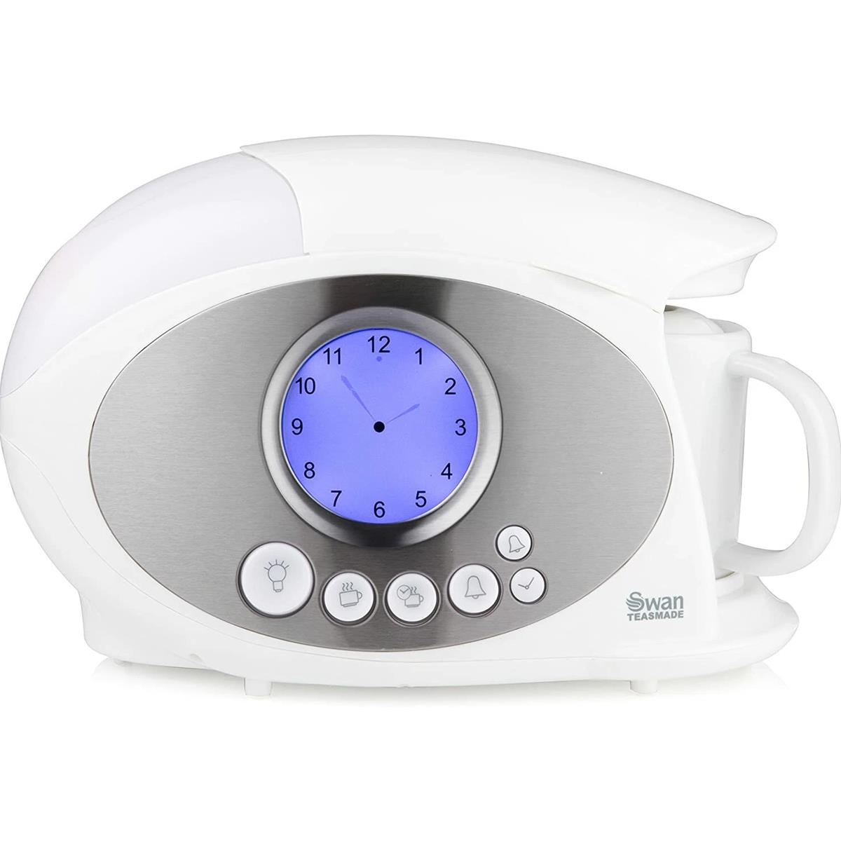 Swan Teasmade Bedside Tea Maker 600ml 850W LCD Analogue Clock Alarm And Reading Light White