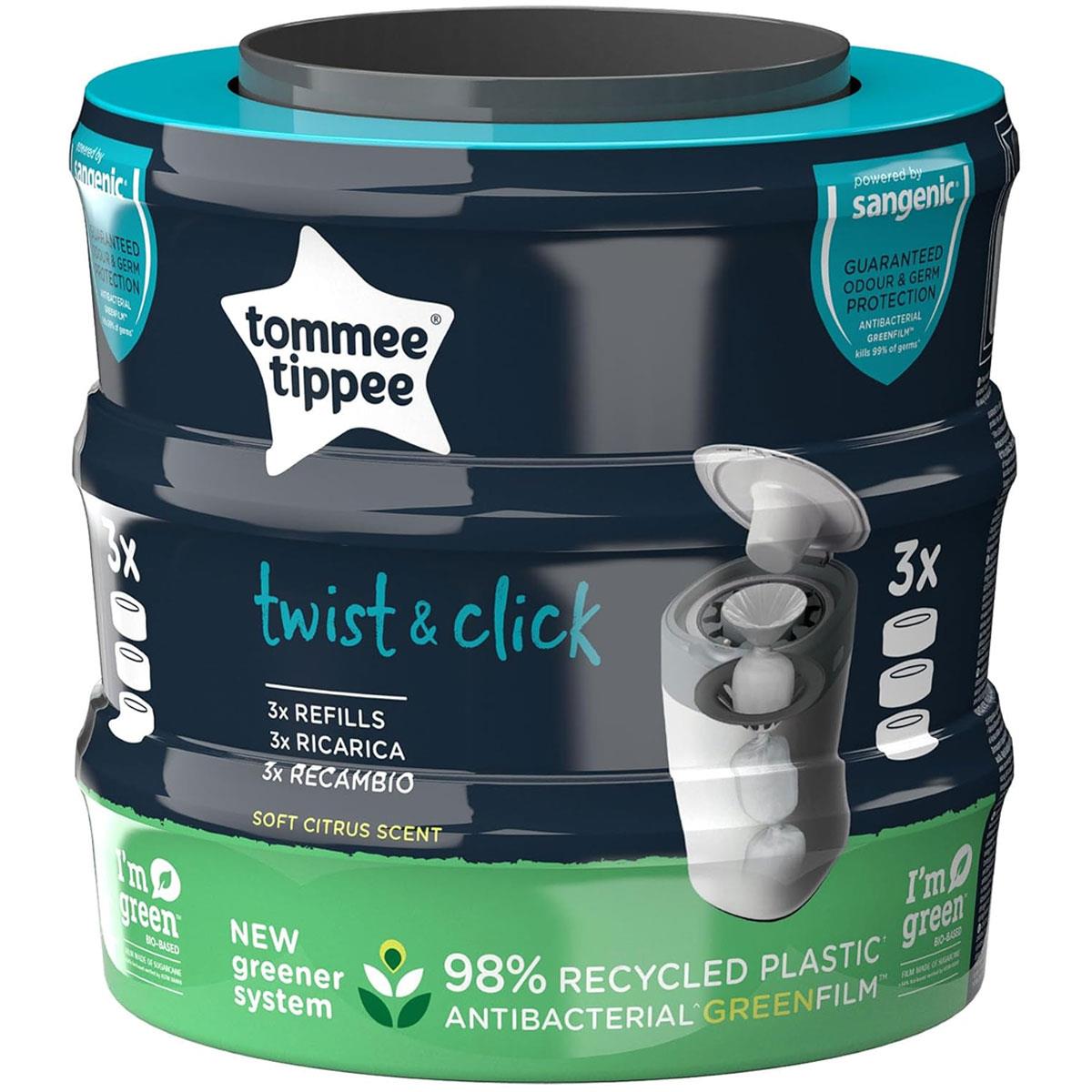 Tommee Tippee Twist & Click Sangenic TEC Nappy Bin Refill Cassettes 3 Pack Eco GREENFILM Antibacterial & Odour Protection