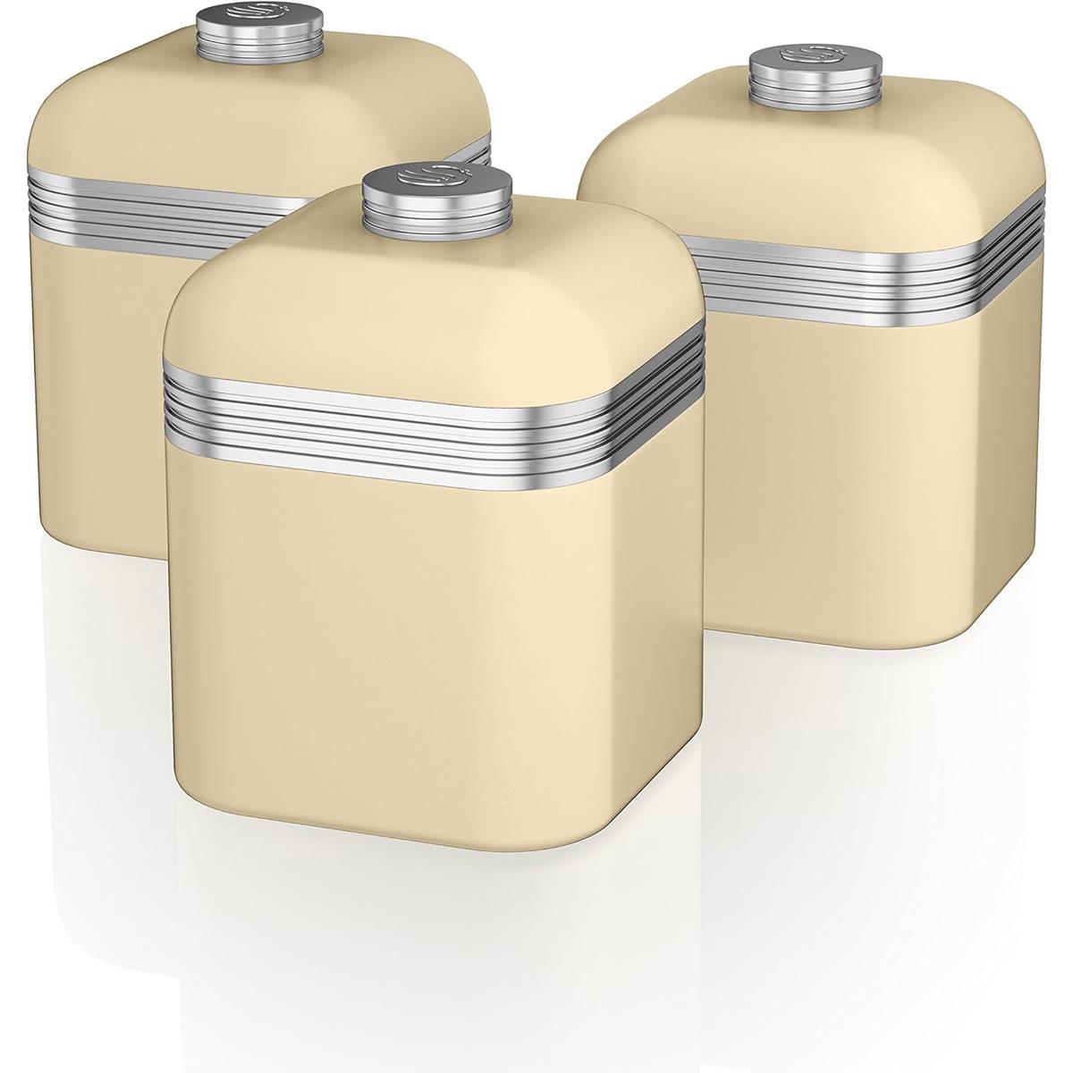 Swan Retro Kitchen Storage Canisters Set Of 3 1L Each Airtight Iron Tea Coffee Sugar Chrome Detailing Cream