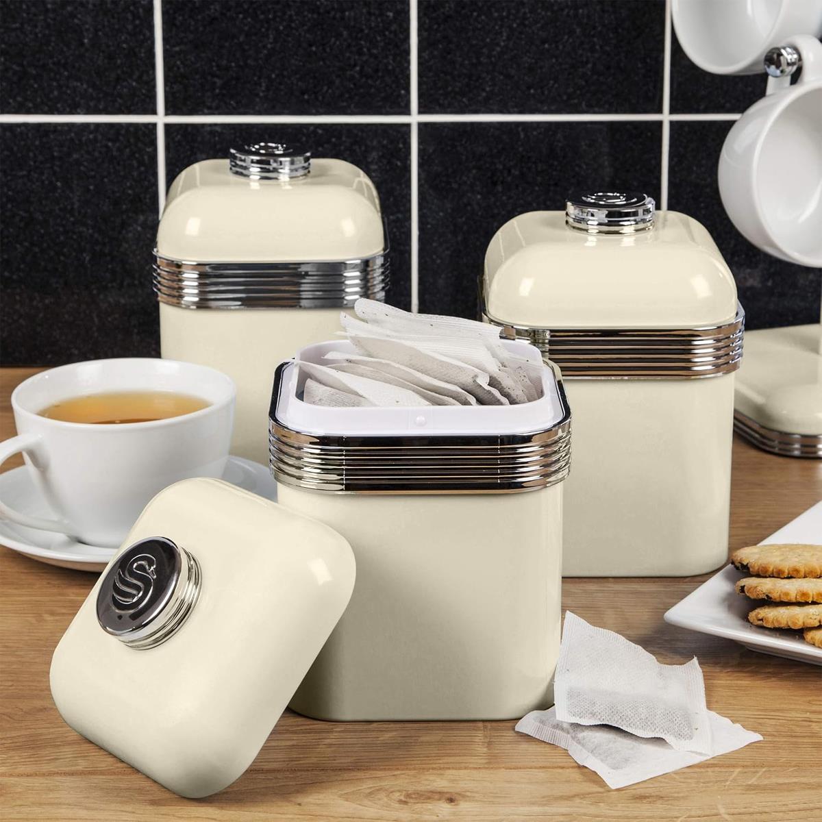 Swan Retro Kitchen Storage Canisters Set Of 3 1L Each Airtight Iron Tea Coffee Sugar Chrome Detailing Cream - Image 2