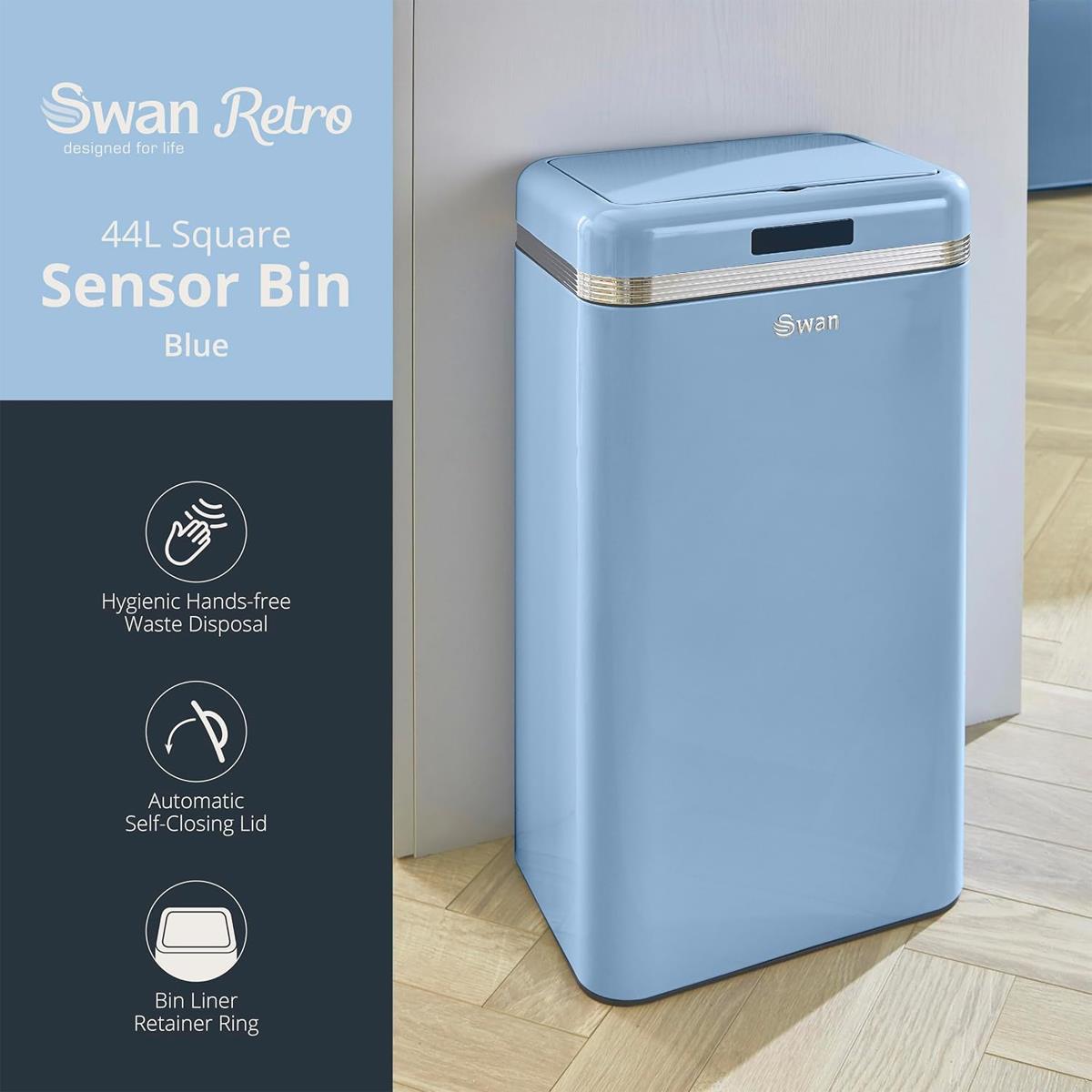 Swan Retro 45L Square Sensor Bin Motion Activated Lid Colour Coated Iron Automatic Kitchen Waste Bin Blue - Image 3