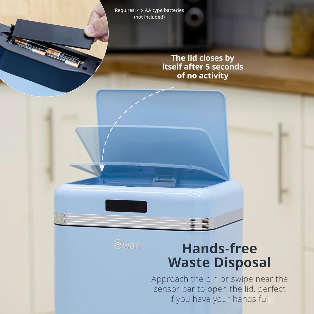 Swan Retro 45L Square Sensor Bin Motion Activated Lid Colour Coated Iron Automatic Kitchen Waste Bin Blue - Image 4