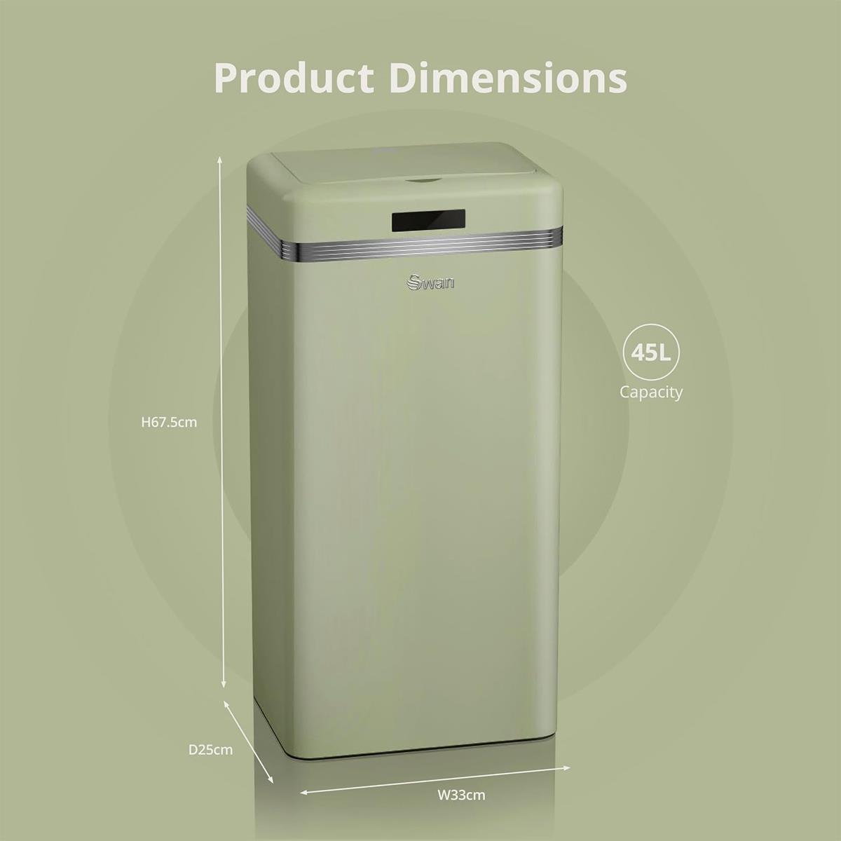 Swan Retro 45L Square Sensor Bin Motion Activated Lid Colour Coated Iron Automatic Waste Bin Green - Image 2
