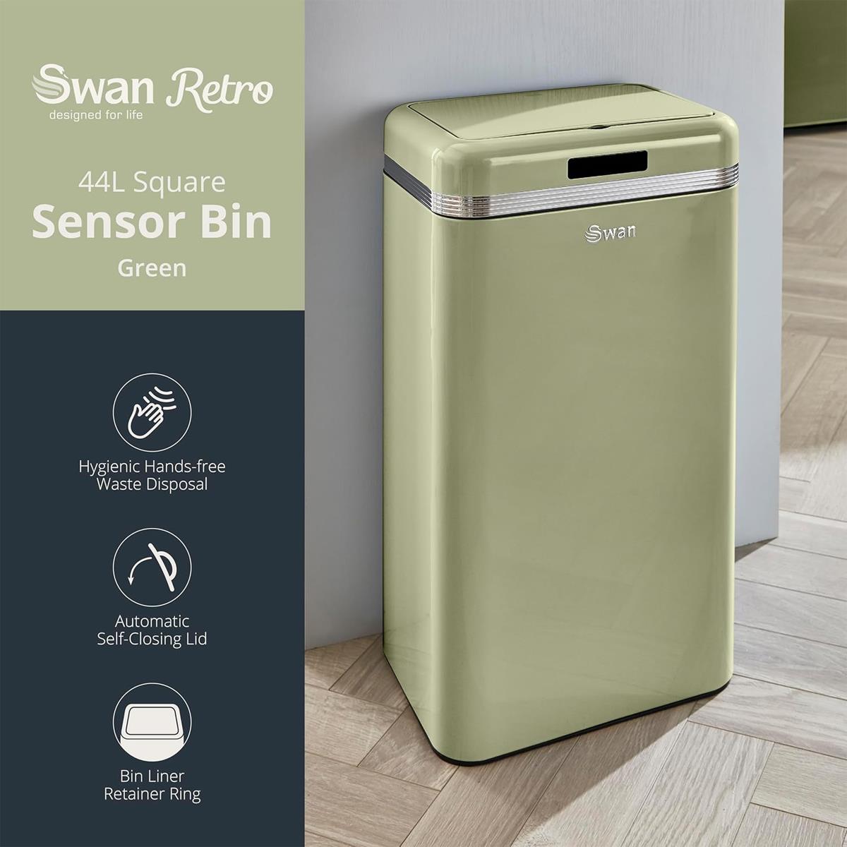 Swan Retro 45L Square Sensor Bin Motion Activated Lid Colour Coated Iron Automatic Waste Bin Green - Image 3