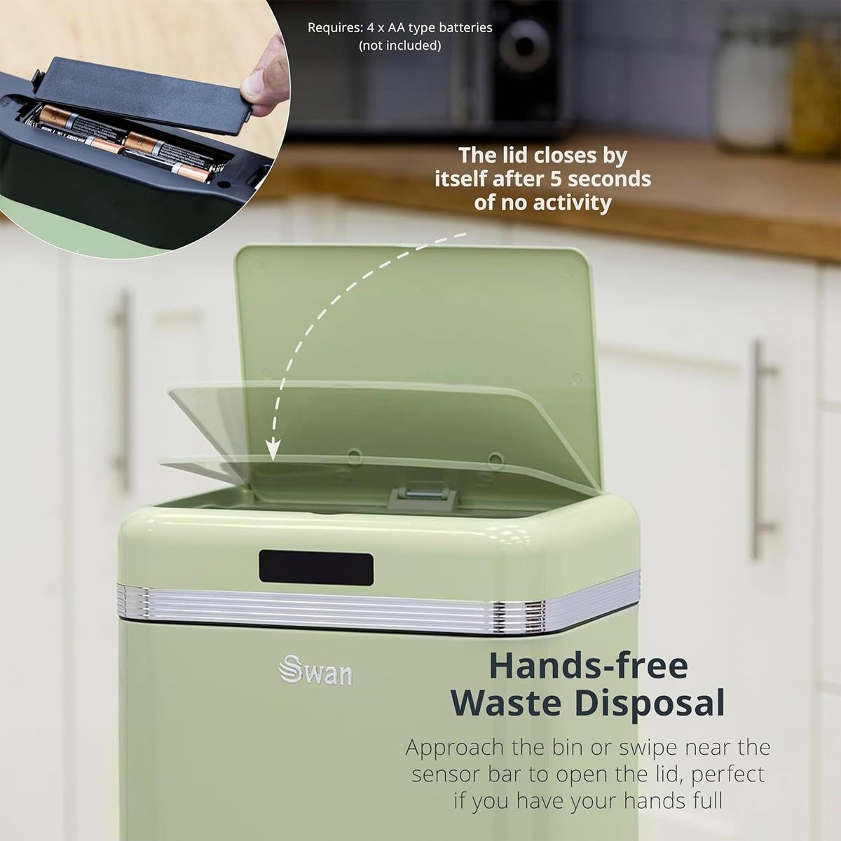 Swan Retro 45L Square Sensor Bin Motion Activated Lid Colour Coated Iron Automatic Waste Bin Green - Image 4