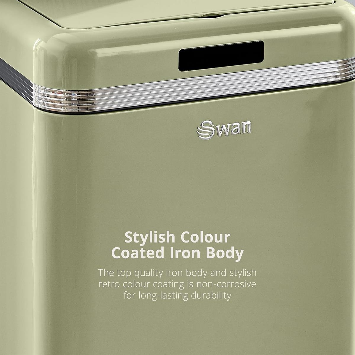 Swan Retro 45L Square Sensor Bin Motion Activated Lid Colour Coated Iron Automatic Waste Bin Green - Image 6