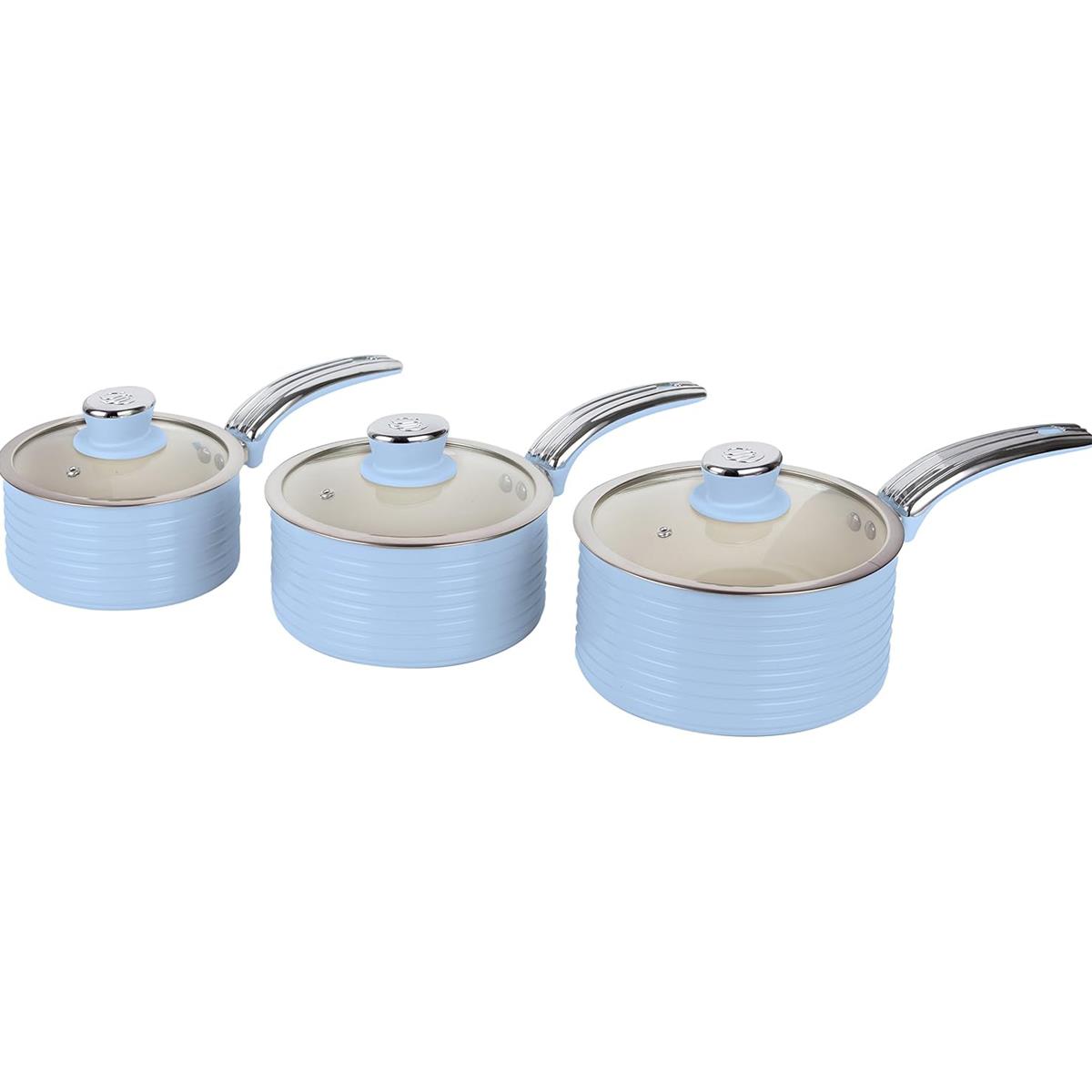 Swan Retro 3 Piece Saucepan Set 16/18/20cm Ceramic Non Stick Induction Compatible Glass Lids Blue