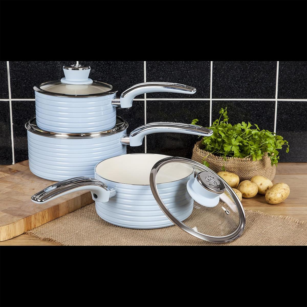 Swan Retro 3 Piece Saucepan Set 16/18/20cm Ceramic Non Stick Induction Compatible Glass Lids Blue - Image 2