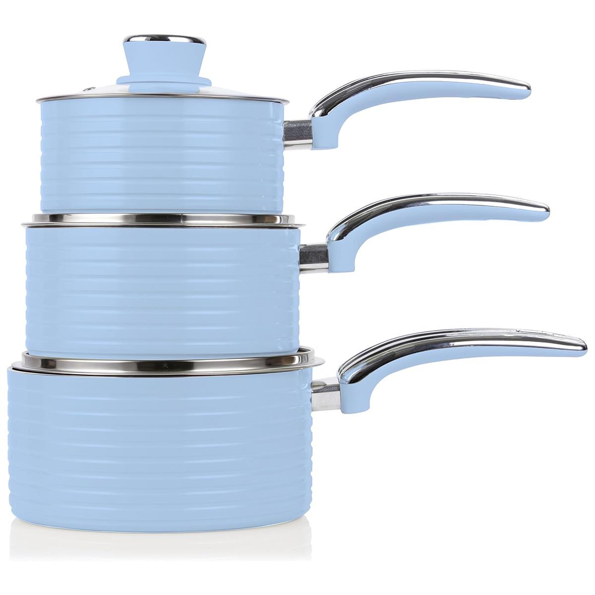 Swan Retro 3 Piece Saucepan Set 16/18/20cm Ceramic Non Stick Induction Compatible Glass Lids Blue - Image 3