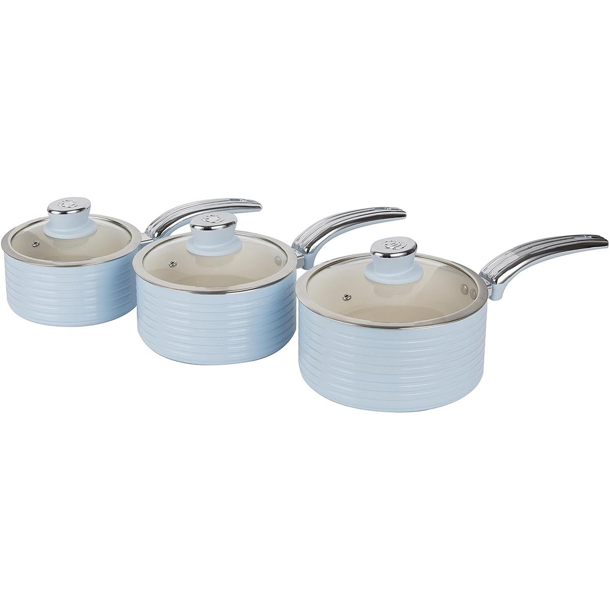 Swan Retro 3 Piece Saucepan Set 16/18/20cm Ceramic Non Stick Induction Compatible Glass Lids Blue - Image 9