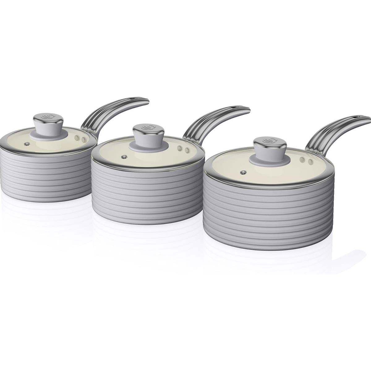Swan Retro 3 Piece Saucepan Set 16/18/20cm Ceramic Non Stick Induction Compatible Glass Lids Grey