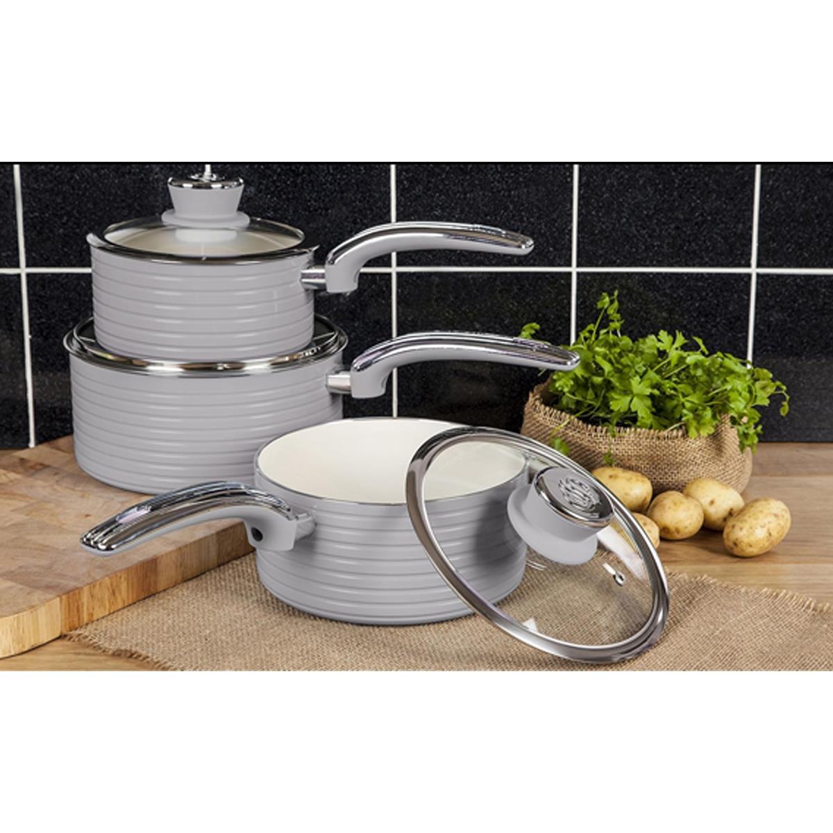 Swan Retro 3 Piece Saucepan Set 16/18/20cm Ceramic Non Stick Induction Compatible Glass Lids Grey - Image 2