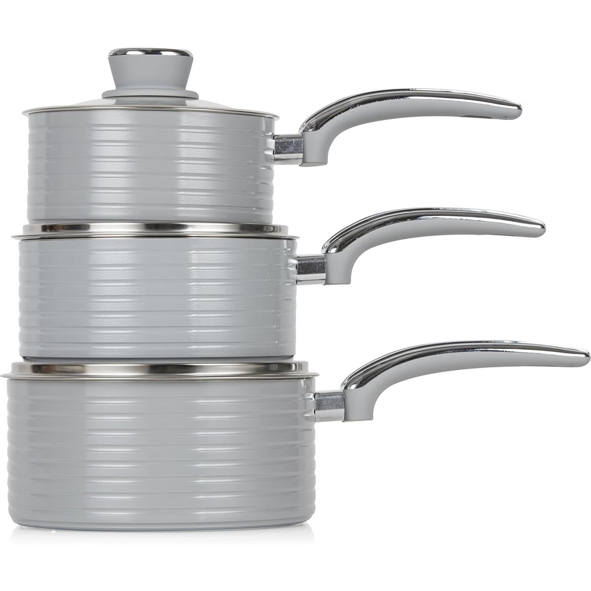 Swan Retro 3 Piece Saucepan Set 16/18/20cm Ceramic Non Stick Induction Compatible Glass Lids Grey - Image 3