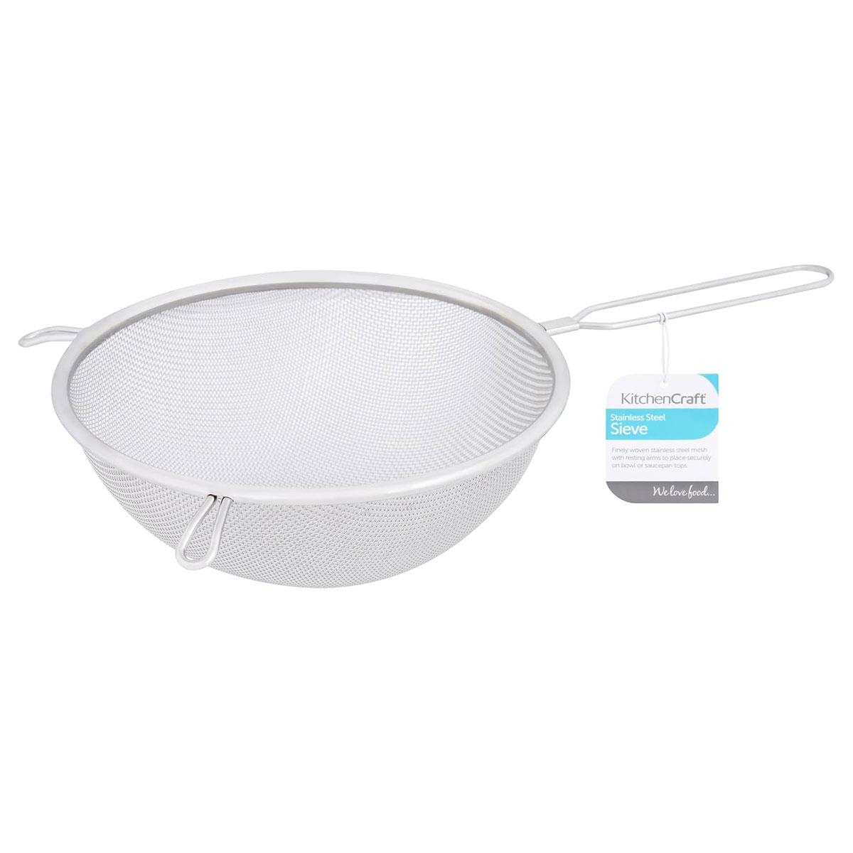 KitchenCraft Stainless Steel Round Sieve 20cm (8 Inch) with Fine Mesh Twin Wire Handle and Bowl Rests Silver
