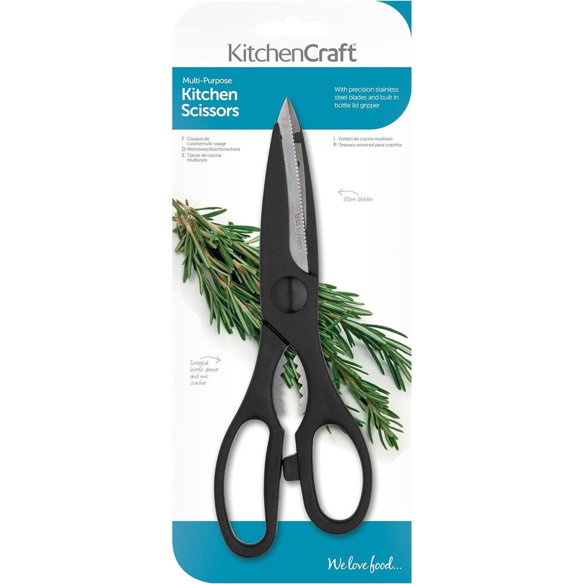 KitchenCraft Kitchen Scissors Multi-Purpose Shears 21cm Serrated Stainless Steel with Bottle Opener Black - Image 2