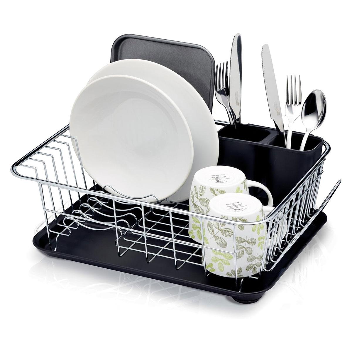 KitchenCraft Stainless Steel Dish Drainer Rack with Drip Tray Black 42 x 30.5 x 15.5 cm