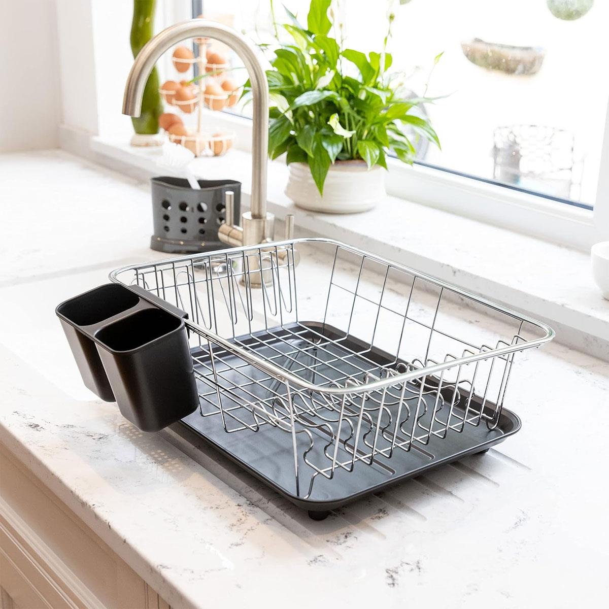 KitchenCraft Stainless Steel Dish Drainer Rack with Drip Tray Black 42 x 30.5 x 15.5 cm - Image 2